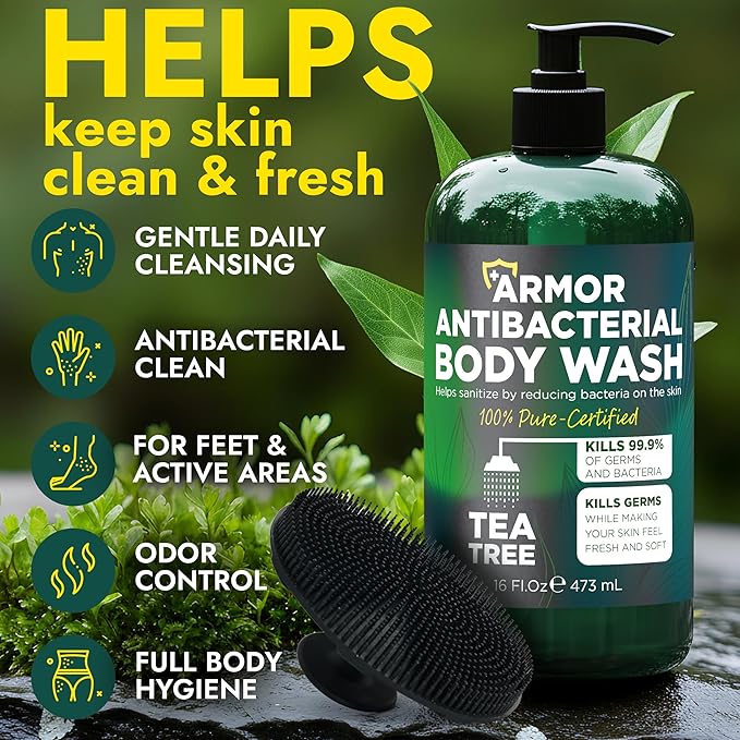 Antibacterial Body Wash with Tea Tree Oil | Antibacterial Soap for Men & Women | Kills 99.9% of Germs & Bacteria | Helps with Back Acne, Body Odor & Skin Irritation | Includes Scrubber 16 fl oz