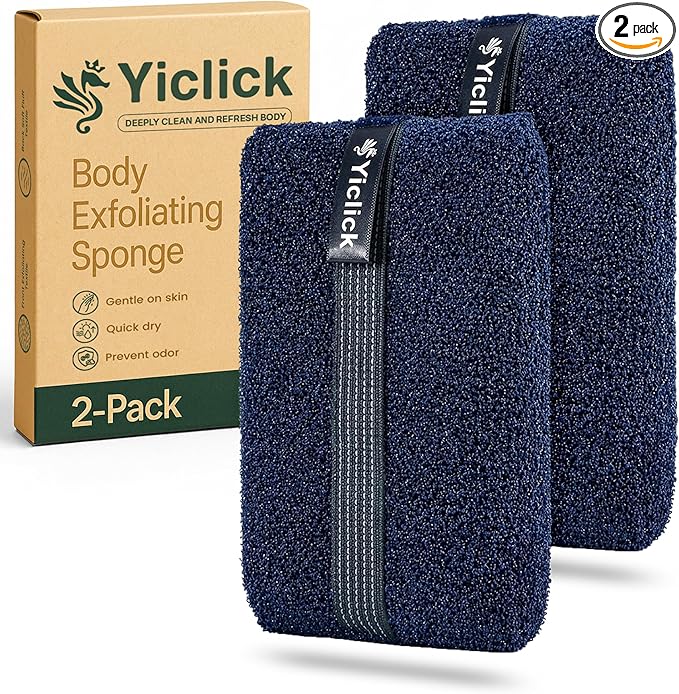 Yiclick Exfoliating Body Scrubber (2 Pack), Body Exfoliator Scrubber, Exfoliating Sponge for Shower Bath, Shower Loofah Luffa Lufa with Handle for Men Women, Dead Skin Exfoliator for Body Scrub
