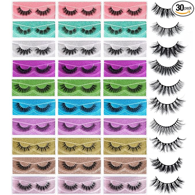 FARRED Wholesale Fluffy Dramatic Bulk Lashes Mix 10 Styles 30 Pairs Pack Individual Box 10-18mm Volume Faux Mink Eyelash Thick 8D Fake Lash Short Natural Look Wispy Eyelashes (style i-30 pairs)