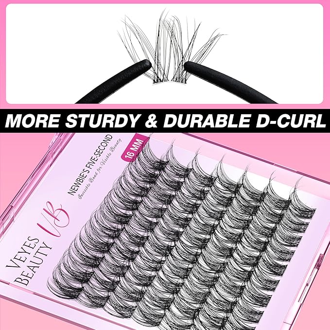 VEYESBEAUTY Lash Clusters Individual Eyelash Extensions Thin & Invisible Band DIY False Eyelashes for Self-application Newbie's Five-Second Series Wispy Lash Tray, LuxeBold 16mm Single Length