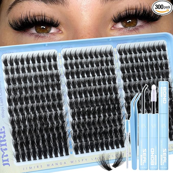 Lash Clusters Kit Manga Eyelash Clusters 300Pcs Wispy Lash Extension Kit with Bond and Seal Lash Glue 12-20MM D Curly Natural Lashes Clusters with Spikes by JIMIRE