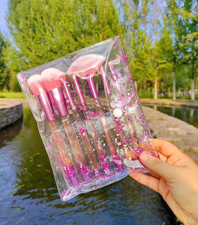 Sparkle Pink Makeup Brushes Set,Unicorn Glitter 7pc Foundation Blush Lip Nose Eyeshadow Eyebrow Loose Powder Fan Make Up Brushes Kit with Liquid for Kids Girls Teen Women Gift Present