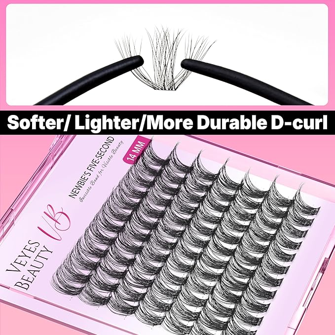 VEYESBEAUTY Lash Clusters Individual Eyelash Extensions Thin & Invisible Band DIY False Eyelashes for Self-application Newbie's Five-Second Series Wispy Lash Tray, Bomb 14mm Single Length