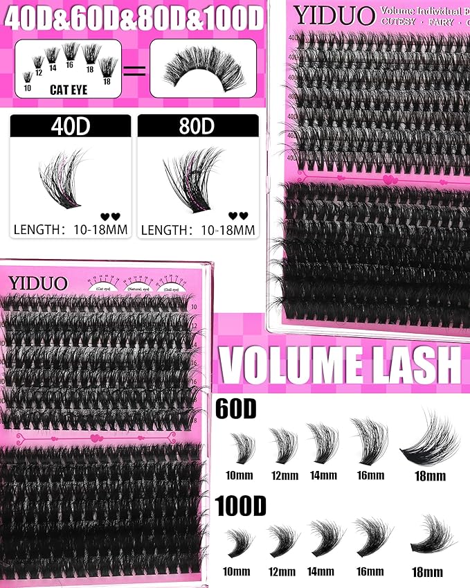 YIDUO Lash Extension Kit, 546PCS 40D+60D+80D+100D Lash Clusters 10-18mm, Wispy Individual Lashes with Bond and Seal, Remover, Tweezers & Brush, All-in-1 DIY Eyelash Extensions for Beginners