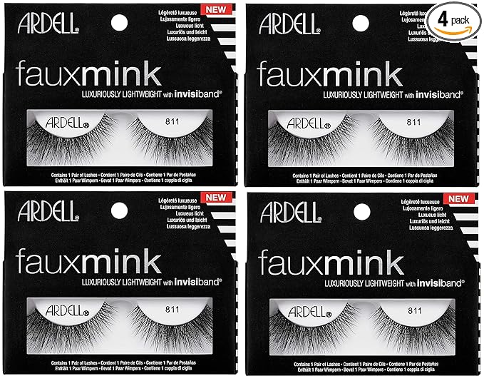 Ardell Faux Mink 811 Black False Lashes, Lightweight with Invisiband, 4 Pairs