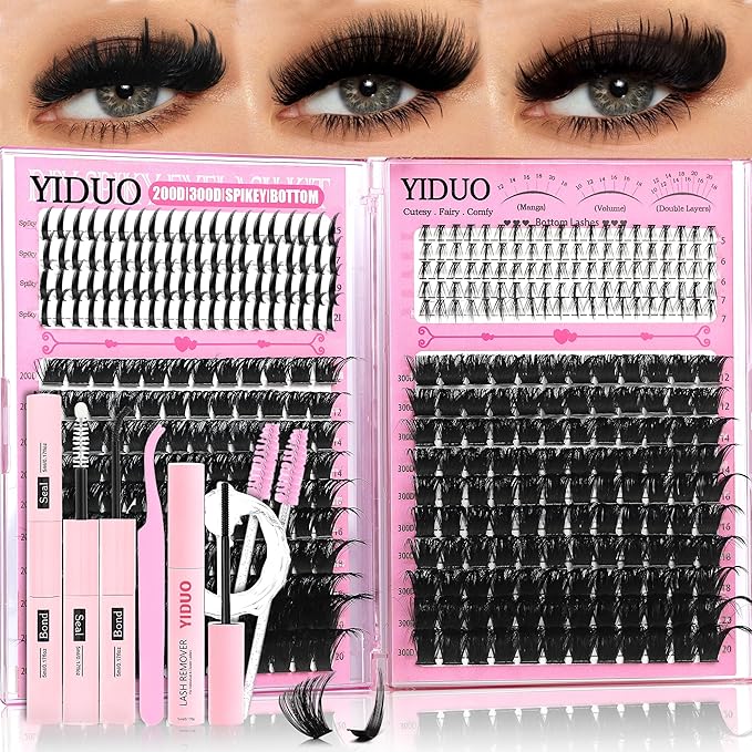 YIDUO Lashes Clusters Kit 200D+300D+Spikes+Bottom Cluster Lash Extensions Kit with Lash Bond and Seal |Tweezers |Removers |Eyebrow Brush (200D+300D-10-18MIX Thick Kit)
