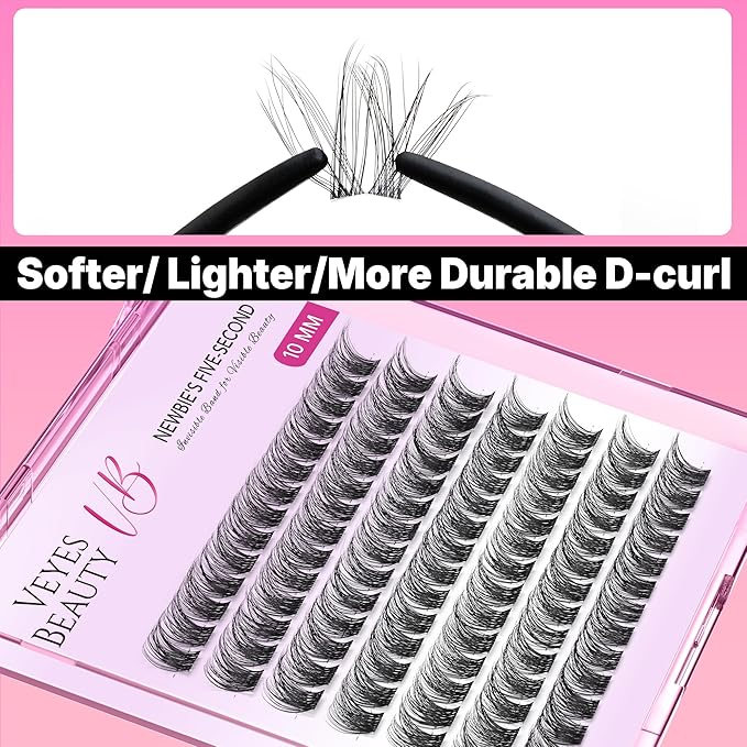 VEYESBEAUTY Lash Clusters Individual Eyelash Extensions Thin & Invisible Band DIY False Eyelashes for Self-application Newbie's Five-Second Series Wispy Lash Tray, Boldeye 10mm Single Length