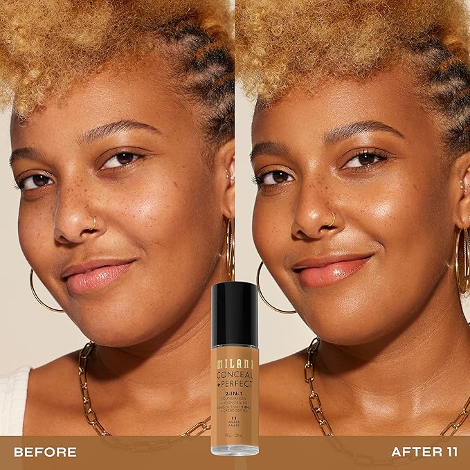 Milani Conceal + Perfect 2-in-1 Foundation + Concealer for a Flawless Complexion, Under Eye Corrector, Cover Redness and Imperfections, Waterproof and Sweatproof - 11-Amber