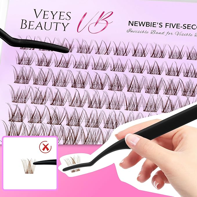 VEYESBEAUTY Brown Lash Clusters Individual Eyelash Extensions Thin & Invisible Band DIY False Eyelashes for Self-application Newbie's Five-Second Series Wispy Lash Tray, LuxeBold 8-16mm Mixed Length