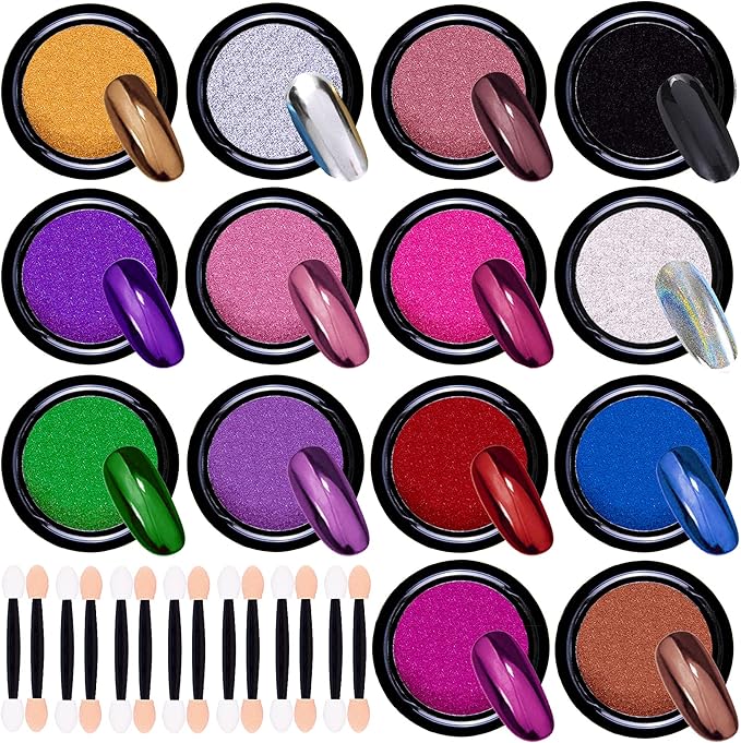 Duufin 14 Jars Chrome Nail Powder Metallic Nail Art Powder Mirror Effect Manicure Chrome Powder 14 Colors Nail Powders with 14 Pcs Eyeshadow Sticks, 1g/Jar