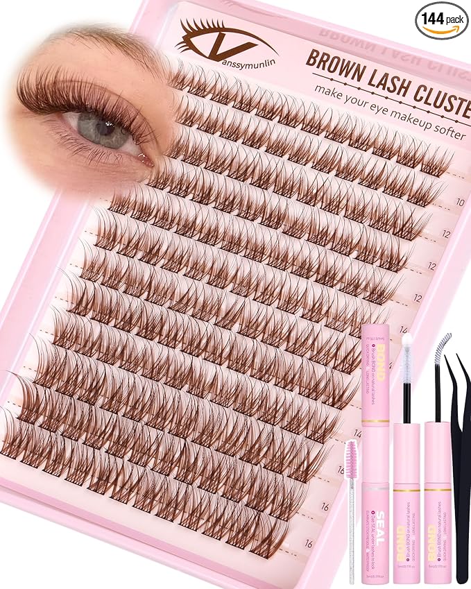 Natural Brown Lash Clusters Kit Wispy Eyelashes Clusters Kit C Curl Cluster Eyelash Extensions 10-16mm Cluster Lashes DIY Eyelash Clusters Waterproof Individual Lashes Extension Kit with Brush