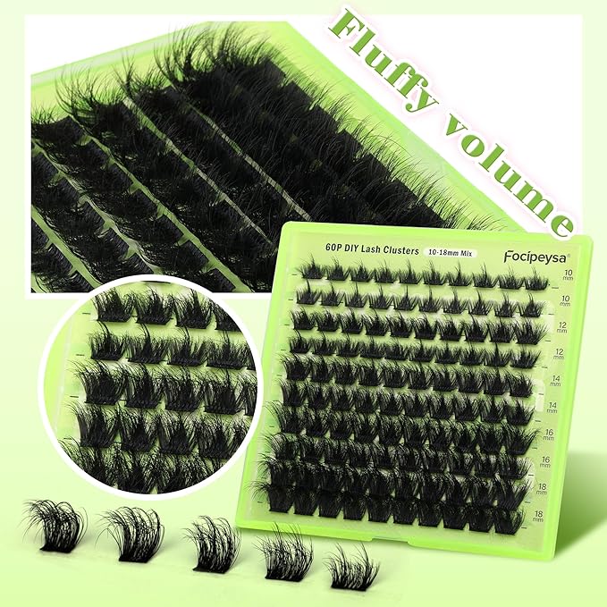 Focipeysa Lash Clusters DIY Lash Extension Kit 60P Eyelash Extension Wispy Individual Lashes Extension with Bond and Seal Glue, Lash Applicator DIY at Home for Beginner (60P 10-18MM)