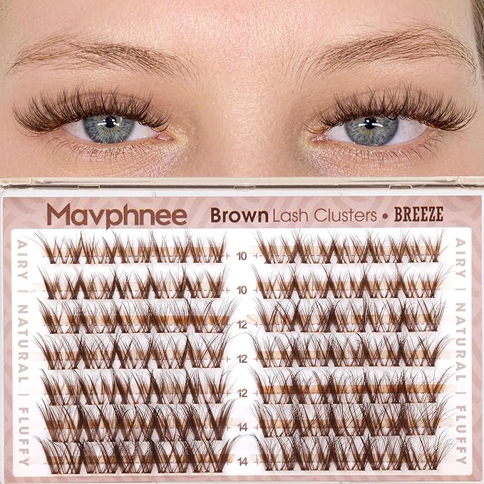 Brown Lash Clusters 10-12-14MM Natural Wispy Eyelash Extensions Airy Fluffy Spider Lash Extension with C-Curly & Ultra-Fine Clear Band for Everyday Wear, Beginer-Friendly