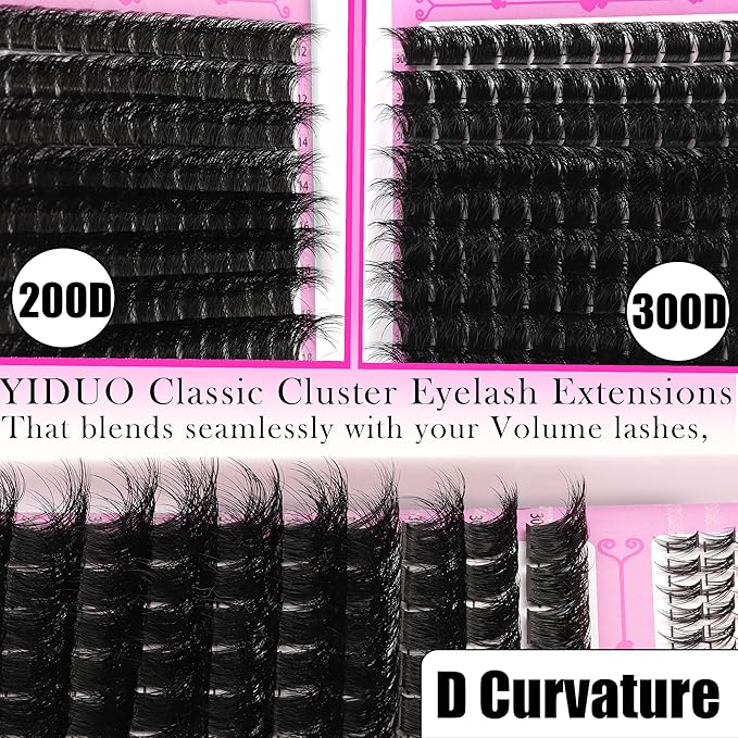 YIDUO Lash Clusters Kit 3D Volume 200D+300D+Spikes+Bottom Cluster Lashes Extensions Kit with Lash Bond and Seal |Tweezers |Removers |Eyebrow Brush (200D+300D-10-18MIX 3D Thick Kit)