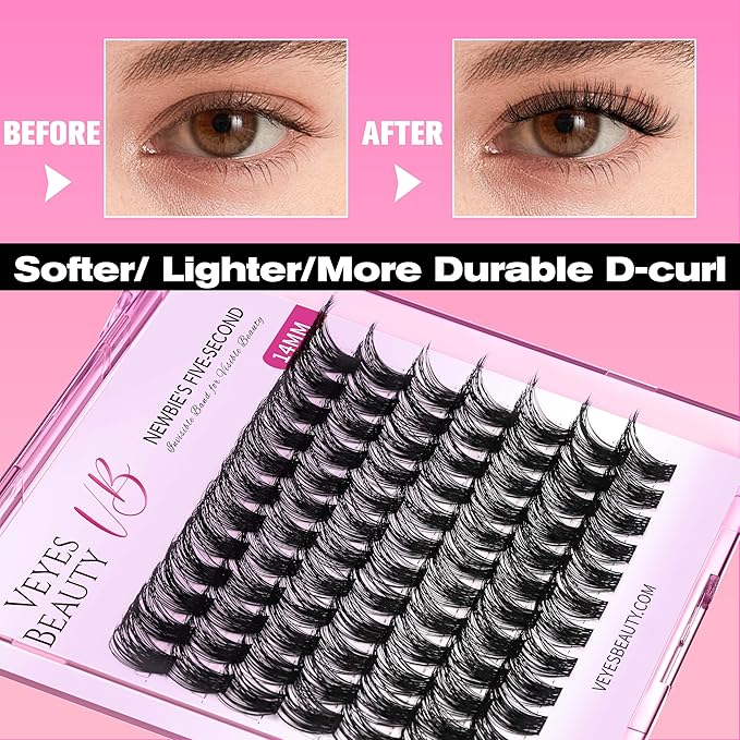 VEYESBEAUTY Lash Clusters Individual Eyelash Extensions Thin & Invisible Band DIY False Eyelashes for Self-application Newbie's Five-Second Series Wispy Lash Tray, Bomb 16mm Single Length