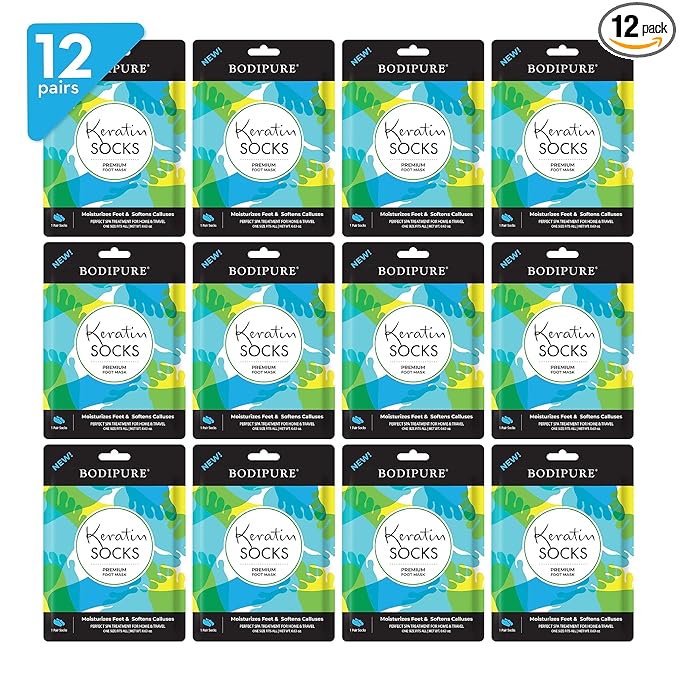 Bodipure Premium Foot Mask Keratin Socks | At Home Spa Moisturizer Socks for Dry Cracked Feet, Callus & Heel Softening | Easy-to-Use Pedicure Foot Repair | Chemical-free Feet Treatment | 12 Pairs