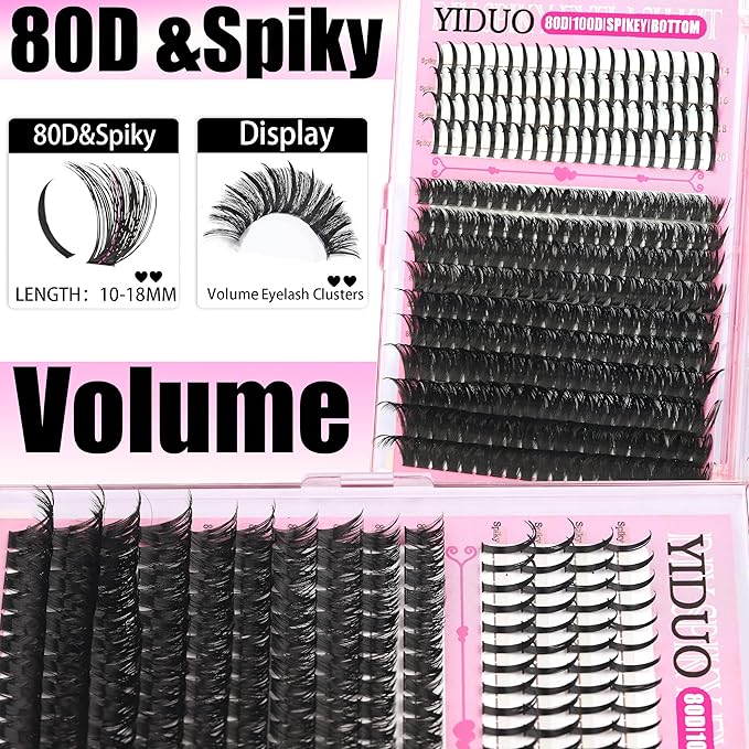 YIDUO 540Pcs Lashes Clusters Kit with Spikes+Bottom Eyelash 80D&100D Volume Clusters Lash Extension 10-18mm Wispy D Curvature Individual False Eyelashes Kit with Lash Bond and Seal, Dual Brow Pencil