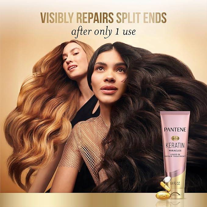 Pantene Keratin Leave-In Conditioner with Argan Oil,Protein Treatment for Dry,Damaged & Color-Treated Hair,Repairs Split Ends & Protects from Damage,Formaldehyde-Free,8.4 Fl Oz,(Pack of 2)