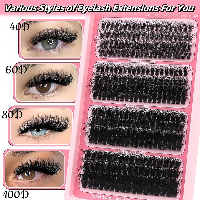 YIDUO Lash Clusters Kit 40D+60D+80D+100D Volume Lashes Extensions Kit 10-16mm Wispy Individuals Fake Eyelash, 308Pcs All-in-1 Pack with Bond and Seal|Tweezers |Removers |Eyelash & Eyebrow Brush