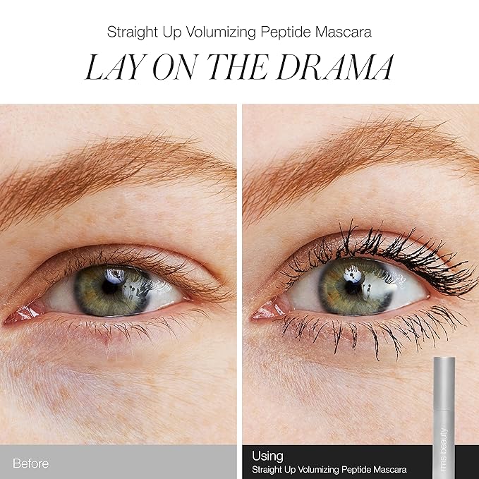RMS Beauty Straight Up Volumizing Peptide Mascara, Blackest Black - Add Volume, Lift & Nourishment to Lashes - Pro Peptide & Tri-Locking System for Long-Lasting Wear (0.34 fl oz / 10ml)