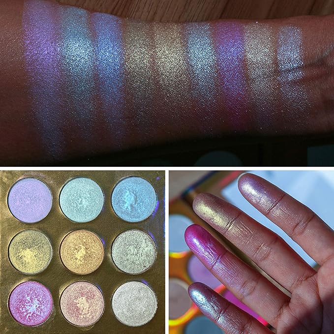 UCANBE Kaleidoscope Holographic Highlighter Makeup Palette Kit, 9 Color Polarized Shimmer Illuminating Glow Highlighting Bronzers Powder Set, Laser Outer Packaging with Mirror Cosmetics