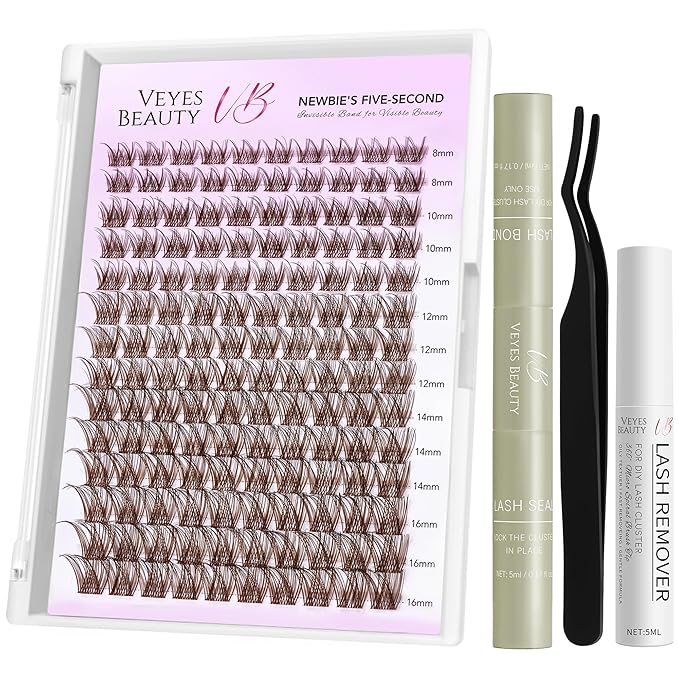 VEYESBEAUTY LuxeBold Brown Lash Clusters Kit Individual Lash Extensions Newbie's Five-Second DIY Dramatic Volume Eyelash Wispy Faux Mink Lash Mixed Length Tray with Bond & Seal, Applicator at Home