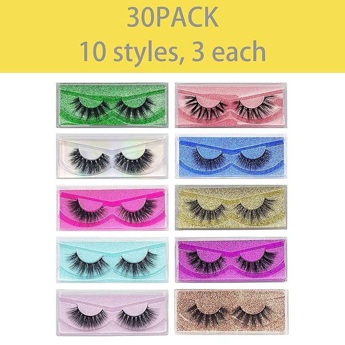 Lashes Bulk Mikiwi 30 Pack Eyelashes, 12-20mm 5D Fake Mink Eyelashes Wholesale, Fluffy Natural Volume Eye Lashes, Individual Package Faux Mink Lashes Wholesale