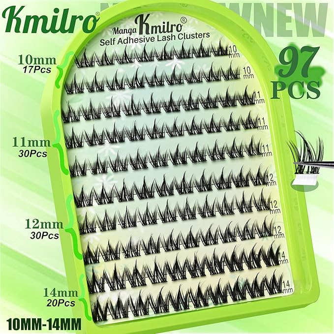 Self Adhesive Eyelashes 10-14mm Manga Self Adhesive Lash Clusters Spiky Pre Glued Lashes Anime Press on Lashes No Glue Needed Wispy Reusable DIY Cluster Eyelash Extensions Kit with Tweezers, by Kmilro