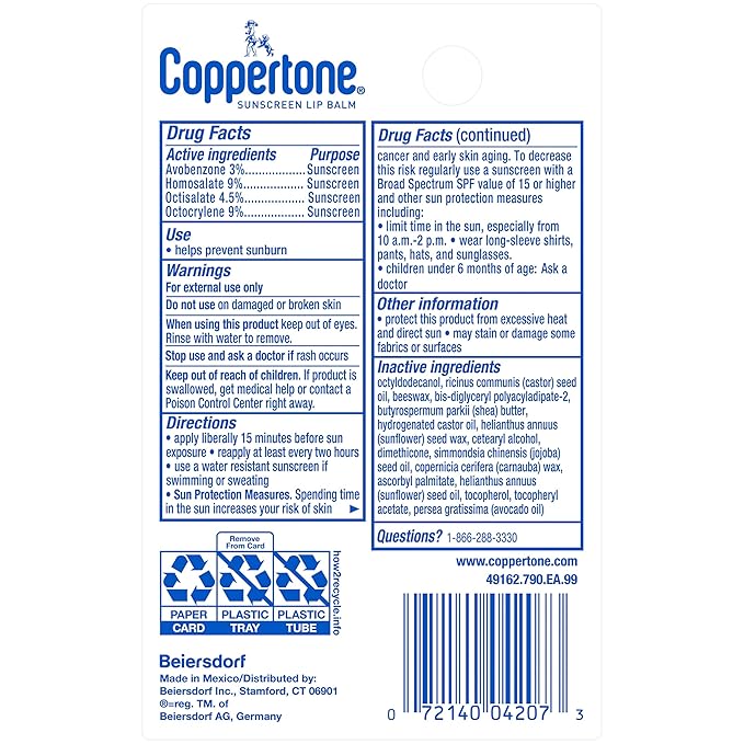 Coppertone Sport SPF 30 Lip Balm, Broad Spectrum SPF 30 Sun Protection With Jojoba and Shea Butter, Hydrates Lips, 0.17 Oz Stick