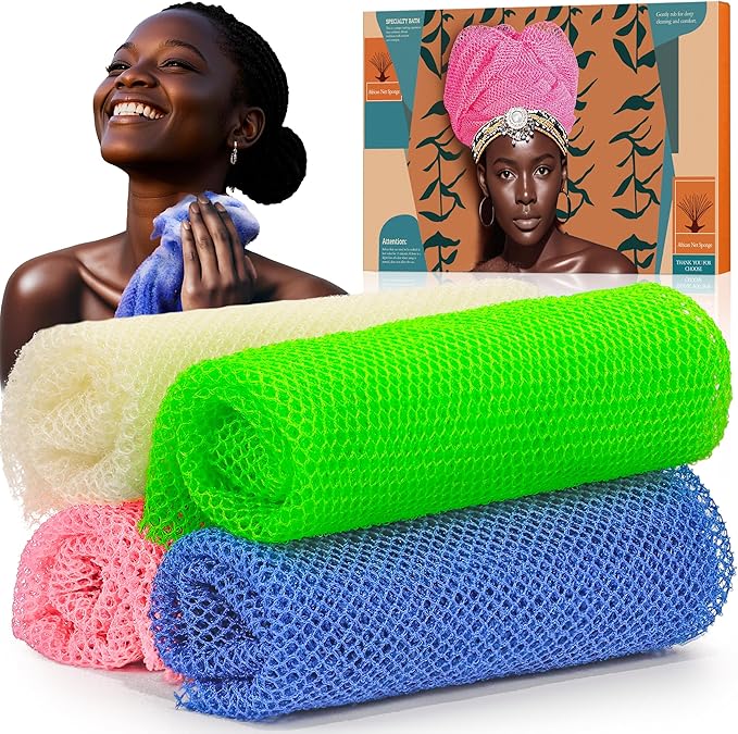 4 Pieces African Net Sponge – Premium African Net Sponge for Deep Exfoliation Quick-Dry and Reusable Mesh for Smooth Skin（Black Blue White Pink）