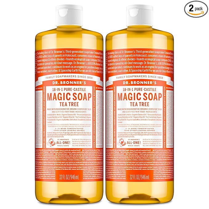 Dr. Bronner's Pure-Castile Magic Soap Liquid (Tea Tree, 32 ounce, 2-Pack) - Made with Regenerative Organic Certified Oils, 18-in-1 Uses: Body, Hair, Laundry & Dishes, Concentrated, Vegan, Non-GMO