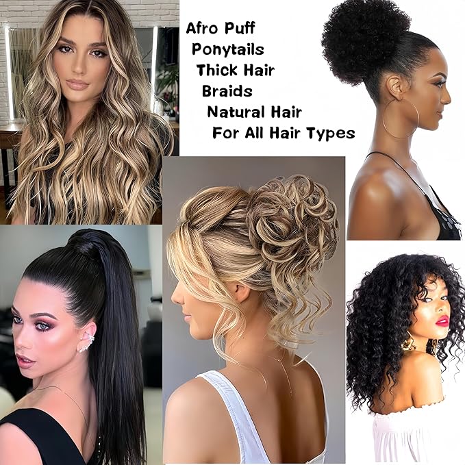 6 Pcs Black Large Adjustable Length Satin Hair Ties for Afro Puff, Heavy and Curly Hair, Silk Soft Ponytail Holders - Perfect for Medium to Thick Hair