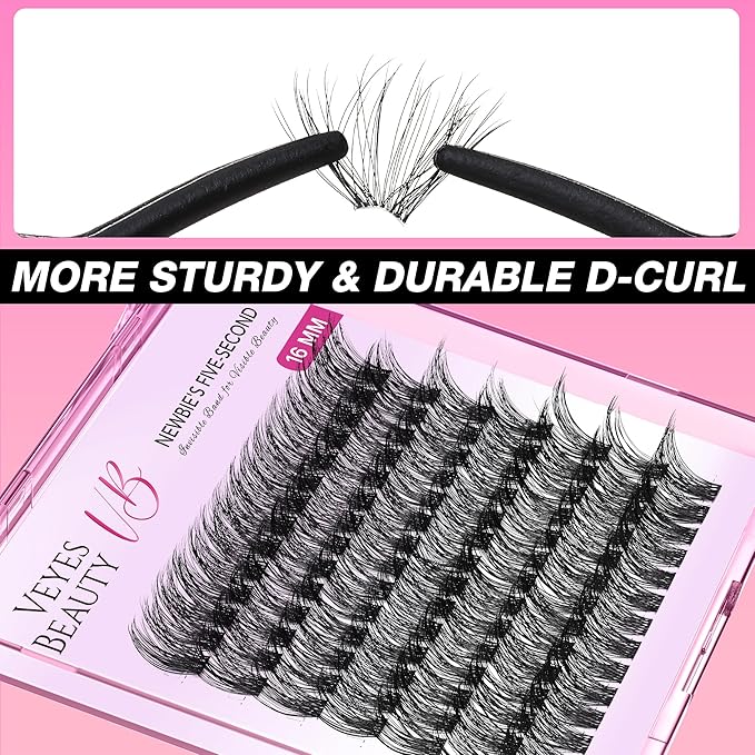 VEYESBEAUTY Lash Clusters Individual Eyelash Extensions Thin & Invisible Band DIY False Eyelashes for Self-application Newbie's Five-Second Series Wispy Lash Tray, Dreamy 16mm Single Length