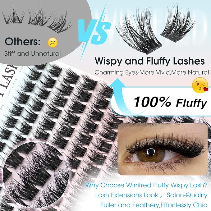 Natural Lash Clusters 3D Wispy Cluster Eyelash Extensions Fluffy Eyelash Clusters Light Volume Lash Extensions DIY 10-16mm Eyelashes Thin Band Hyrid Individual Lashes by Winifred