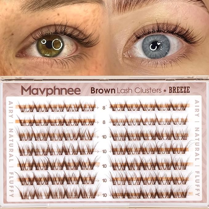 Brown Lash Clusters 8-10MM Short Natural Individual Eyelashes Wispy Fluffy Spider Cluster Eyelash Extensions with C-Curly & Ultra-Fine Clear Band, Featherlight, "Less is More", Glasses-Friendly