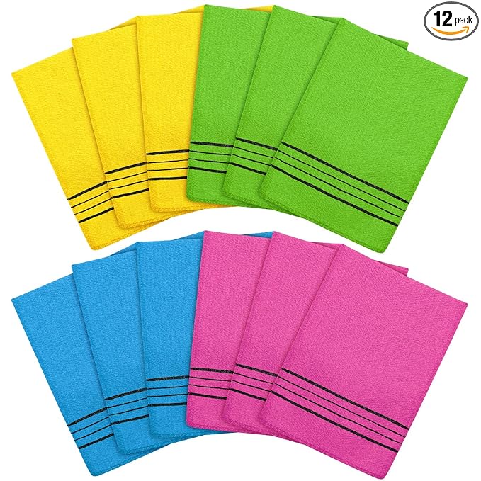 Tatuo 12 Pieces Korean Exfoliating Mitt Glove Italy Towel Body Skin Scrubber Exfoliating Scrubber for Remove Dead Skin Washcloth Korean(Small,Yellow, Green, Blue, Pink)