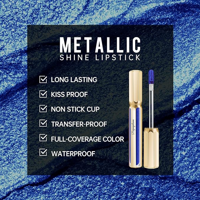 Depuplum Blue Lipsticks for Women Metallic Lipstick Long Lasting Shimmer Lip Gloss Metal Shine Glitter Waterproof Lipsticks Full Coverage Lip Color for Mother's Day,DP118 R&B