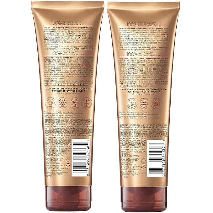 L'Oreal Paris Sulfate Free Shampoo and Conditioner for Dry Hair,Triple Action Hydration for Dry,Brittle or Color Treated Hair,Apricot Oil Infused-Hair Care,EverPure,8.5 Fl Oz,Set of 2,(Pack of 3)