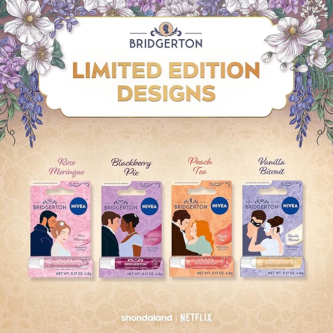 NIVEA Lip Care, Bridgerton Limited Edition Lip Balms with Shea Butter, Blackberry Pie, Peach Tea, Rose Meringue, Vanilla Biscuit, Mothers Day Gifts, Four 0.17 Oz Sticks