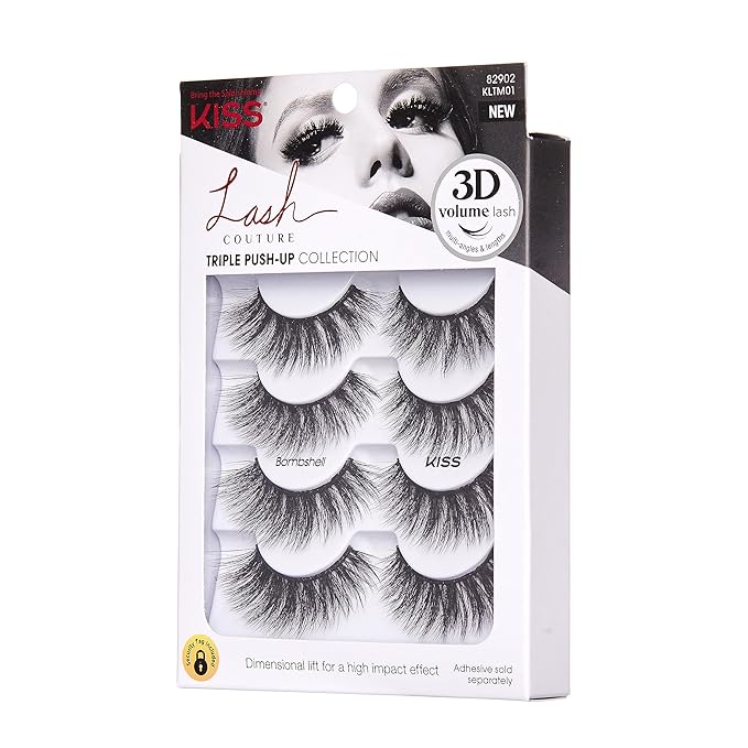 KISS Triple Push-Up, False Eyelashes, 'Bombshell', 14mm, Includes 4 Pairs Of Lashes, Easy to Apply, Reusable Lash Clusters (Pack of 2)