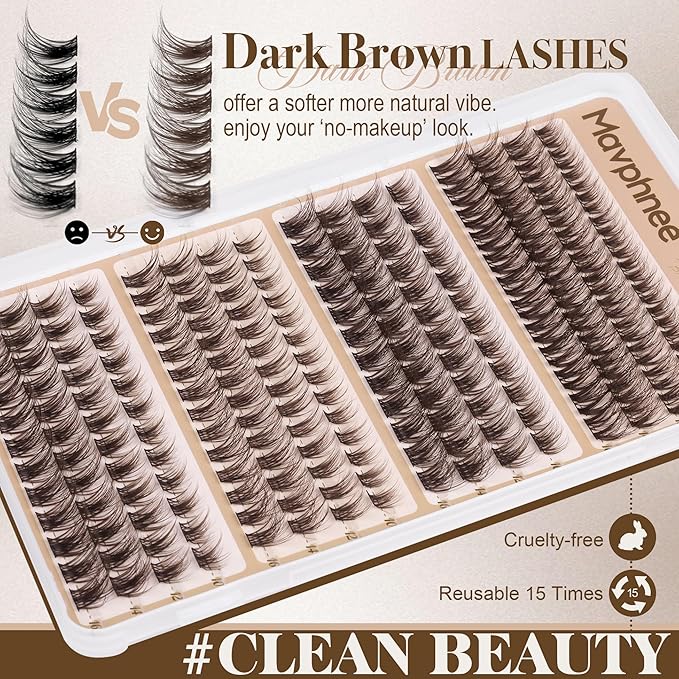 Brown Lash Clusters Natural Eyelash Clusters 4 Styles Wispy Cluster Lashes Individuals CC-Curly Lashes Extensions Dark Brown Cluster Eyelash Extensions Value Pack (200Pcs, 10-16MM) by Mavphnee