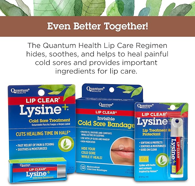 Quantum Health Lip Clear Lysine+ Cold Sore Treatment Soothe & Moisturize Mouth Sores - L-Lysine Menthol Calendula & Propolis Ointment - Transparent Fever Blister Healing Balm - 0.25 Oz (Pack of 2)