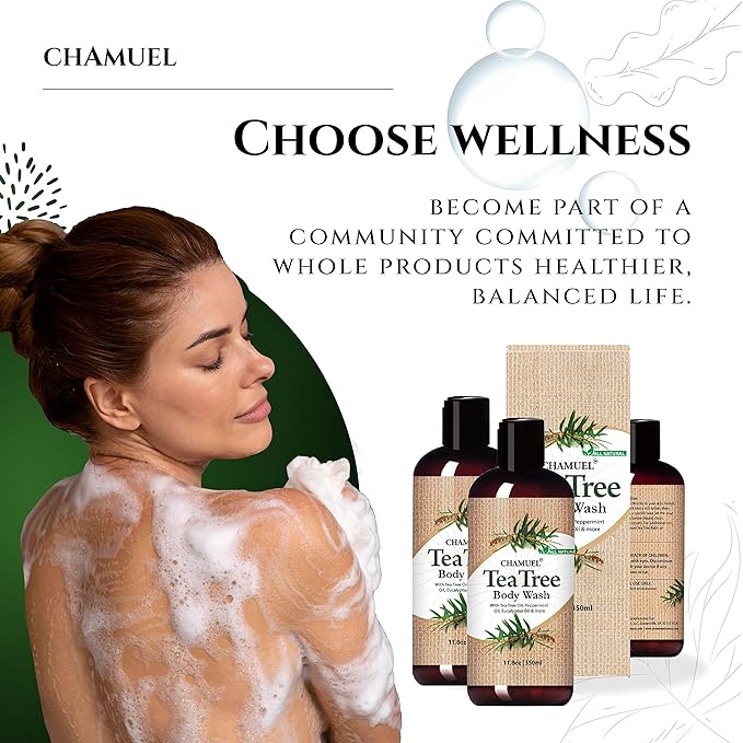 Chamuel Tea Tree Antibacterial Body Wash with Peppermint & Eucalyptus Oil - Natural Daily Shower Gel for Itchy Skin, Body Odor & Foot Care for Men & Women, Non-GMO (11.8oz)