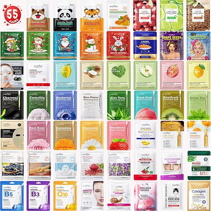 55 Pack Collagen Face Masks Skincare Bulk,Sheet Masks Variety Set with Animal, Bubble, Christmas & Fruit Facial Masks, Skincare Gift Box for Women, Teens & Spa Lovers