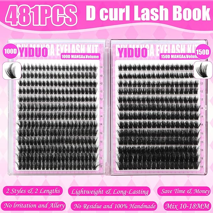 YIDUO Manga Lash Clusters Kit 481Pcs 3D Volume Fairy Cluster Eyelash Extensions Kit 100D+150D Wispy Lashes Clusters Anime Cosplay Individual Lash Clusters with Lash Bond and Seal | Removers
