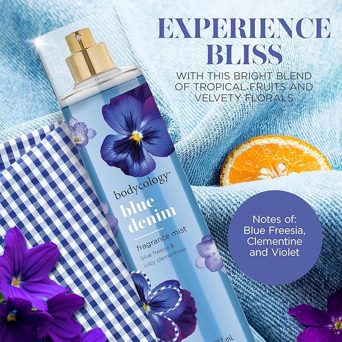 Bodycology Long-Lasting Fragrance Body Mist, Blue Denim, 8 fl oz (Pack of 2)