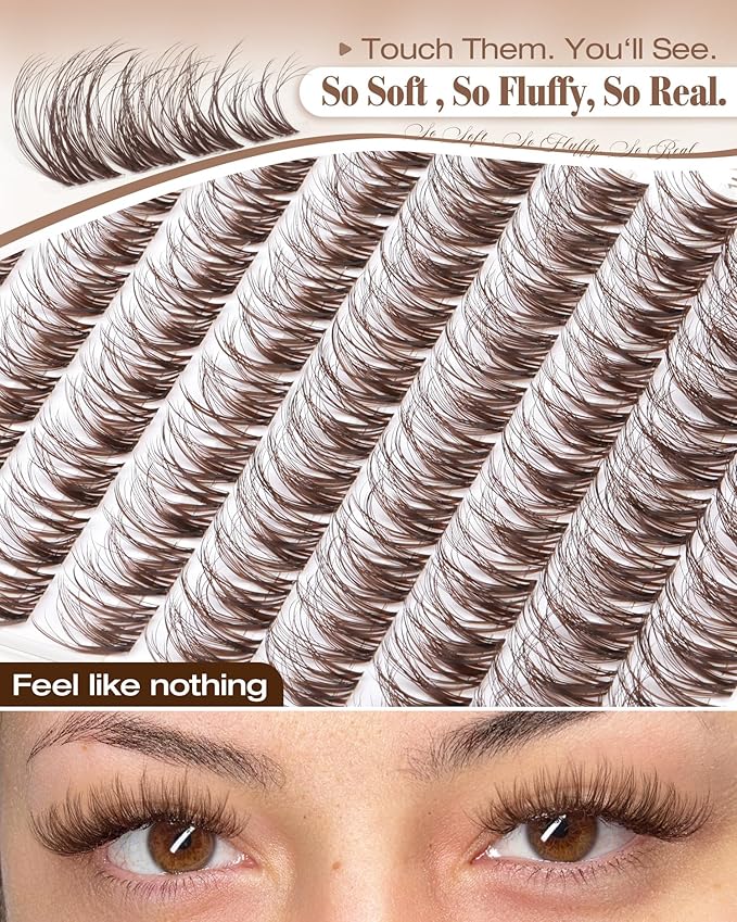Spider Lash Clusters Brown Eyelash Clusters Wispy Cluster Eyelash Extensions 10-16MM Airy Fluffy Individual Lash Extensions Easy Application with CC Curl & Clear Band for Soft Glam Natural Makeup
