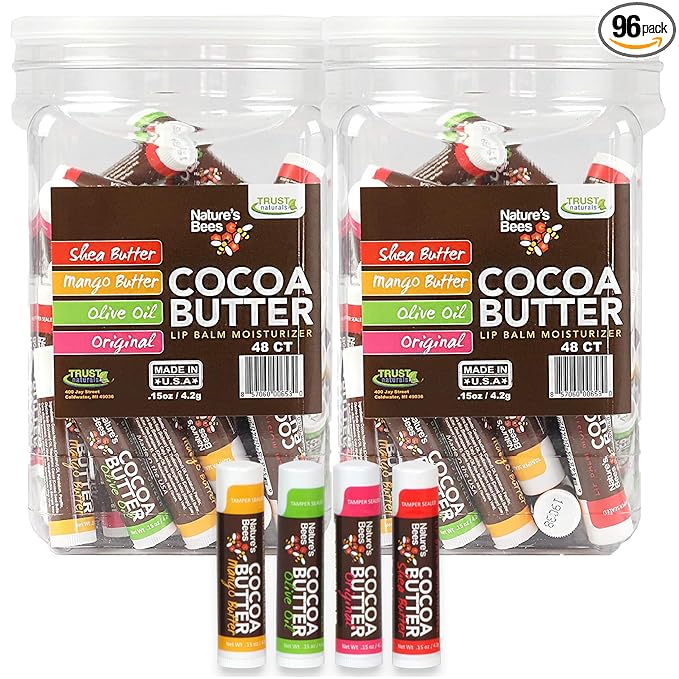 Nature's Bees Cocoa Butter Lip Balm, Original, Shea Butter, Olive Oil and Mango, Bulk Lip Care Pack for Dry Lips, Made with Coconut Oil, Beeswax, Vitamin E, Aloe, 0.15 oz 4 Flavors, 96 Pack