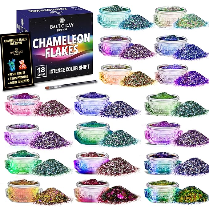 18 Color Chameleon Chrome Flakes for Resin – Color-Shift Mica Flakes for Epoxy Tumblers, Nail Art, Polymer Clay, Paint, Slime, Eyeshadow – Holographic Aurora Flake for Crafts, DIY Decorations