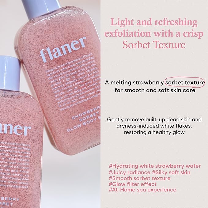 FLANER Snowberry Sorbet Glow Body Scrub – Gentle Exfoliating Scrub, Brightening & Hydrating Formula with 9,800ppm of White Strawberry Water and Niacinamide, Korean Body Wash for Silky Soft Skin